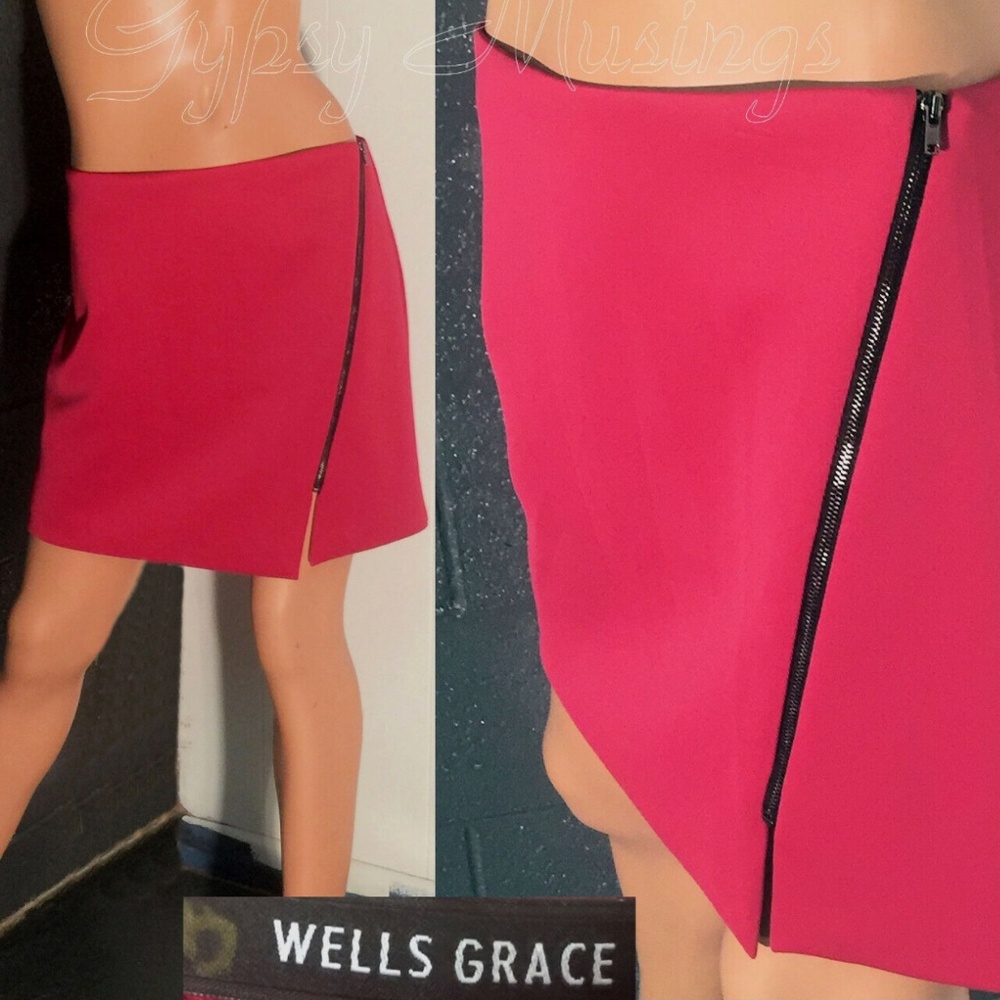 NWT~WELLS GRACE Fuchsia Pink Asymmetrical Zipper Short Modern Mini Skirt~M